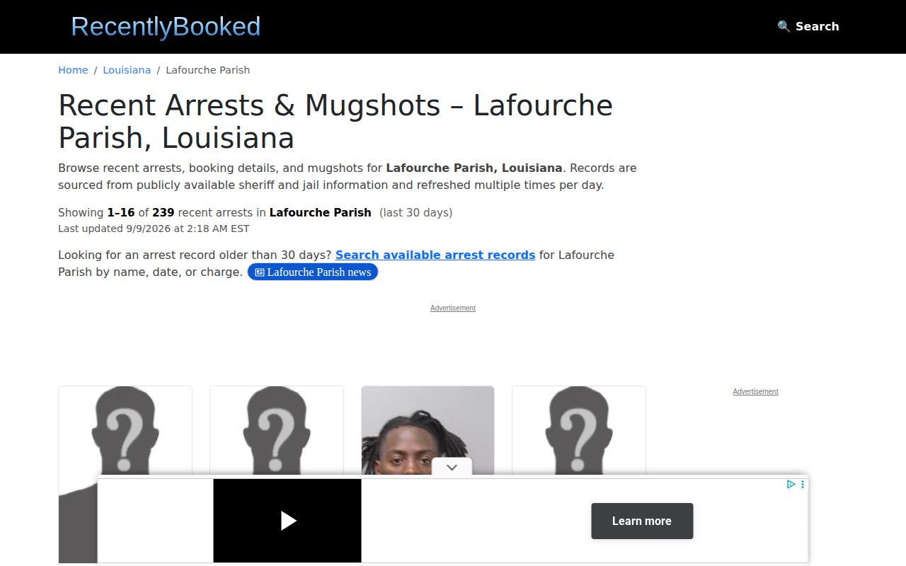 RecentlyBooked unofficial Lafourche Parish recent booking page