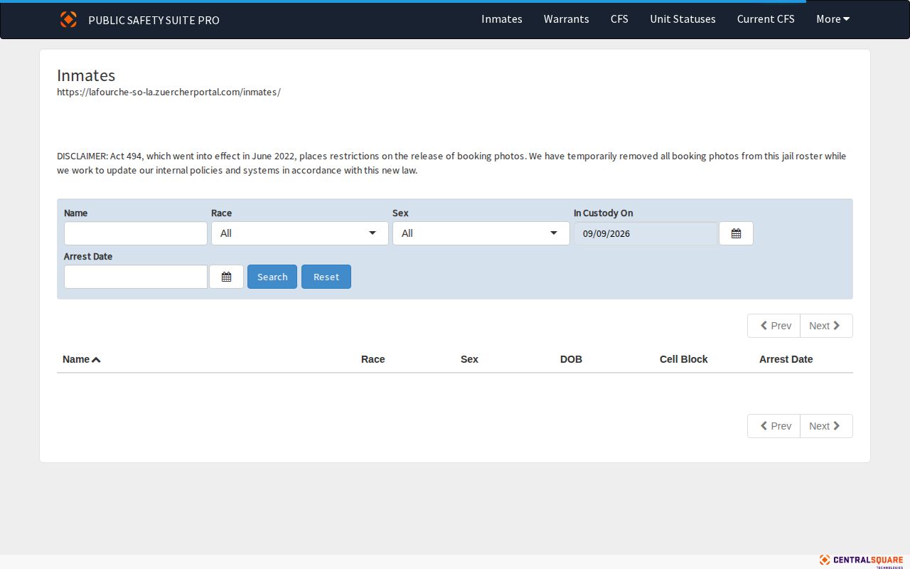 Lafourche Parish Sheriff's Office inmate roster search interface