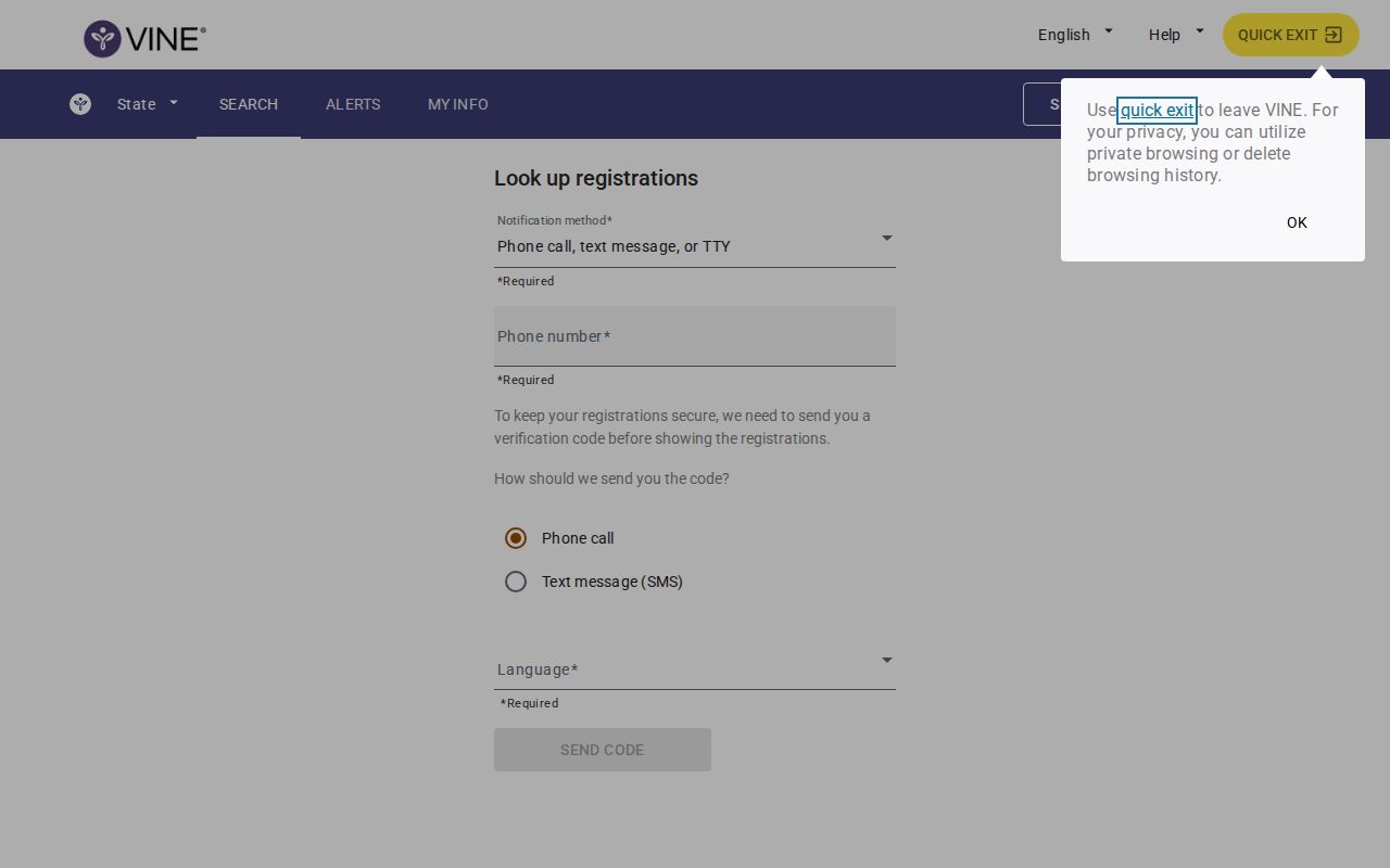 VINELink custody alert registration screen