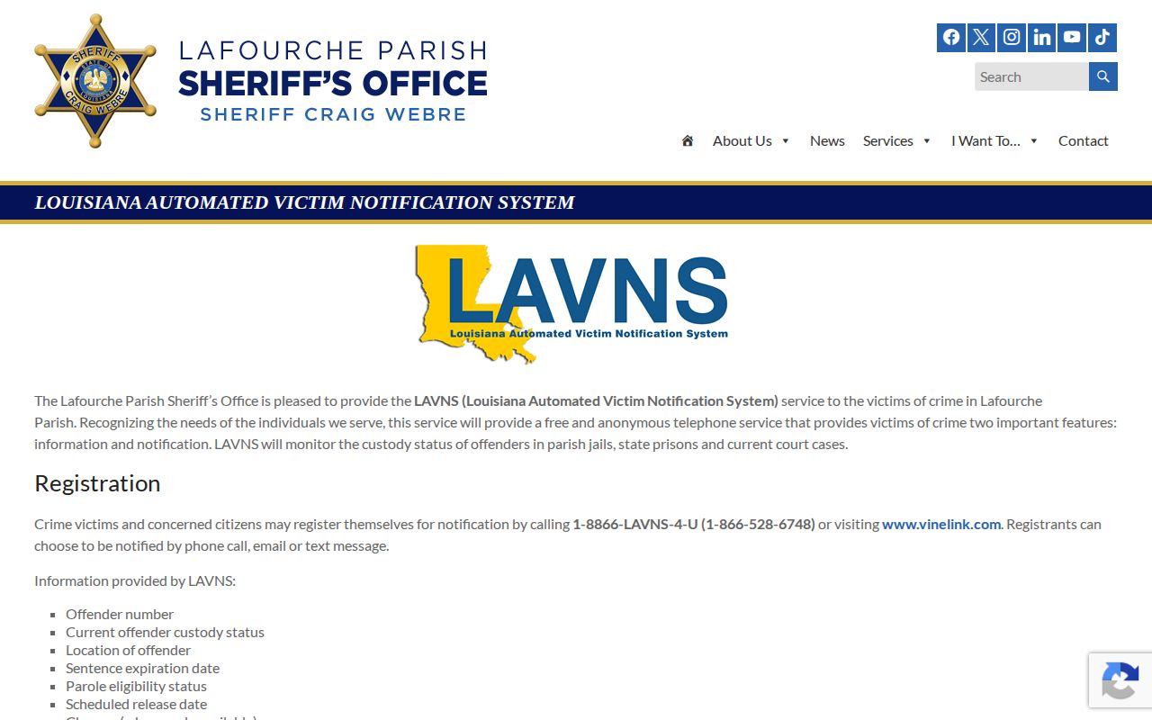 Lafourche Parish Sheriff LAVNS custody notification page