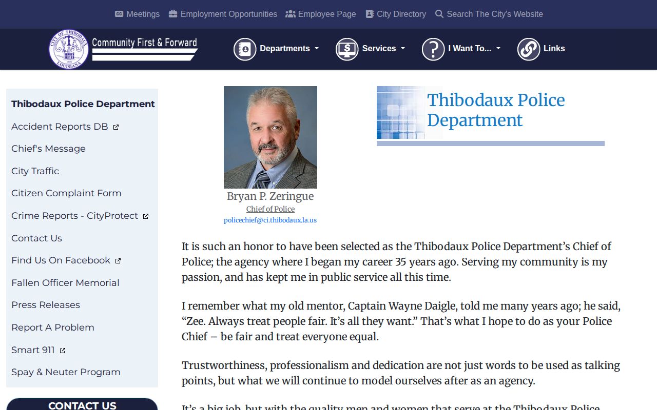 Thibodaux Police Department official page for Thibodaux arrest records