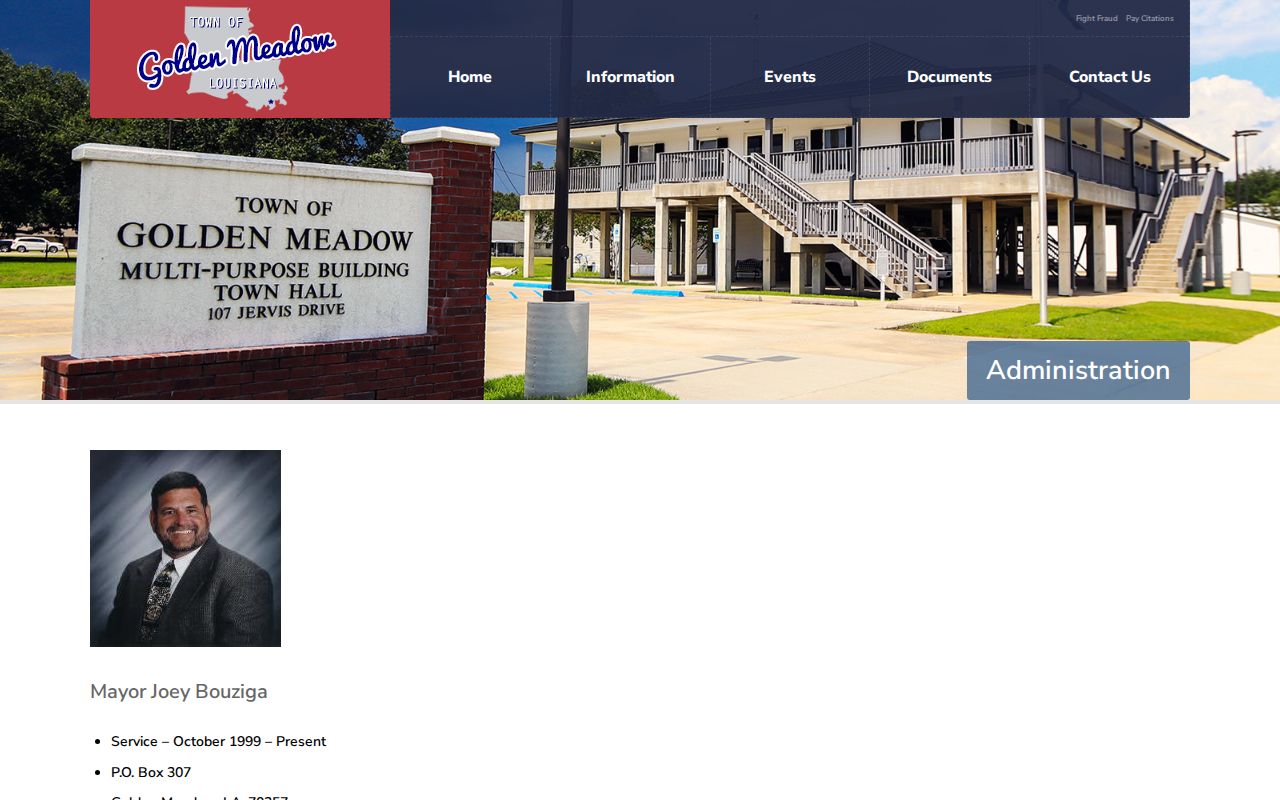 Golden Meadow official administration page listing the police chief and town contact information