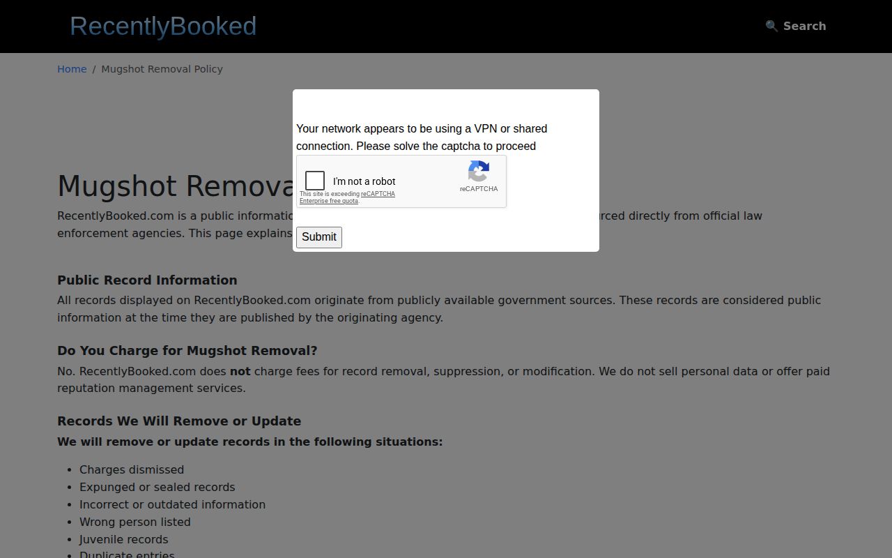 RecentlyBooked mugshot removal policy page